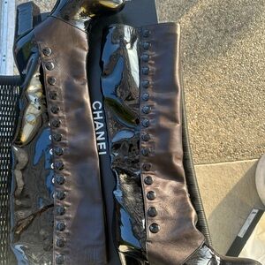CHANEL Glossy Black Patent Leather and Lambskin leather all black Boots